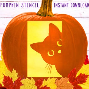 May include: An orange pumpkin with a cat stencil design. The stencil is a yellow rectangle with a cat silhouette. The words "PUMPKIN STENCIL" and "INSTANT DOWNLOAD" are at the top. Autumn leaves surround the pumpkin.