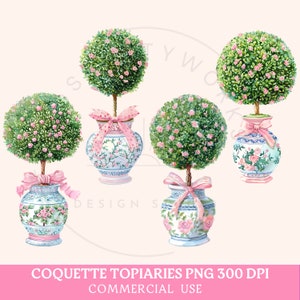 Topiary PNG, Topiary Clipart, Chinoiserie Ginger Jar, Coquette Chinoiserie, Grandmillennial , Floral Print Vase Png, Pink Bow Aesthetic