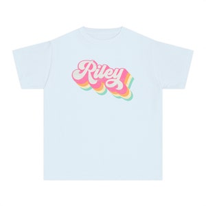 Personalized Shirt for Kids, Retro Groovy Girls Custom Name Youth Tee, Kids Name Shirt Birthday T-Shirt, Comfort Colors Girl Name Gift Chambray