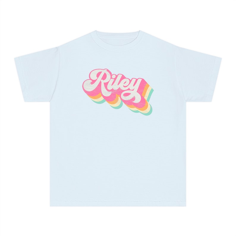 Personalized Shirt for Kids, Retro Groovy Girls Custom Name Youth Tee, Kids Name Shirt Birthday T-Shirt, Comfort Colors Girl Name Gift Chambray