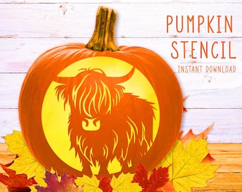 Highland Cow Pumpkin Stencil, Printable Pumpkin Stencil, Jack O&#39; Lantern, Bull Pumpkin Carving Stencil, Cattle Animal, Instant Download