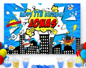 Superhero Backdrop, Personalized Sign, Superhero Party Supplies, Party Banner, Birthday Backdrop, Party Decorations,Kids Decorations,Digital