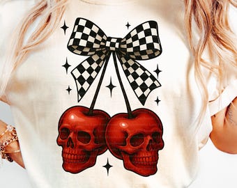 Halloween Cherry Skulls PNG, Spooky Coquette Cherries Png, Skull Cherries Checkered Bow Png, Halloween Png, Gothic Girl Png Digital Download