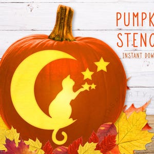 Cat Pumpkin Stencil, PRINTABLE Pumpkin Stencil, Jack O&#39; Lantern, Pumpkin Carving Stencil, Cat and Moon Pumpkin Stencil, Instant Download