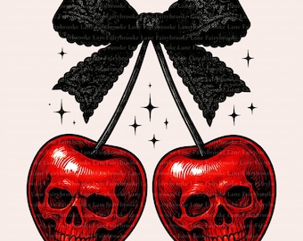 Halloween Cherry Skulls PNG, Cute Spooky Cherries Png, Skull Cherries Lace Bow Png, Retro Halloween Png, Girly Creepy Png, Digital Download