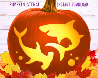 May include: A carved pumpkin with a shark stencil design. The pumpkin is orange with a yellow shark silhouette. The text "PUMPKIN STENCIL" and "INSTANT DOWNLOAD" are at the top. Autumn leaves surround the pumpkin.