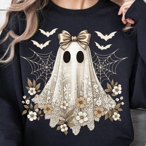 Lace ghost PNG. Cute coquette ghost with bow, flowers, spiderweb, and bats. PNG sublimation. Instant download.