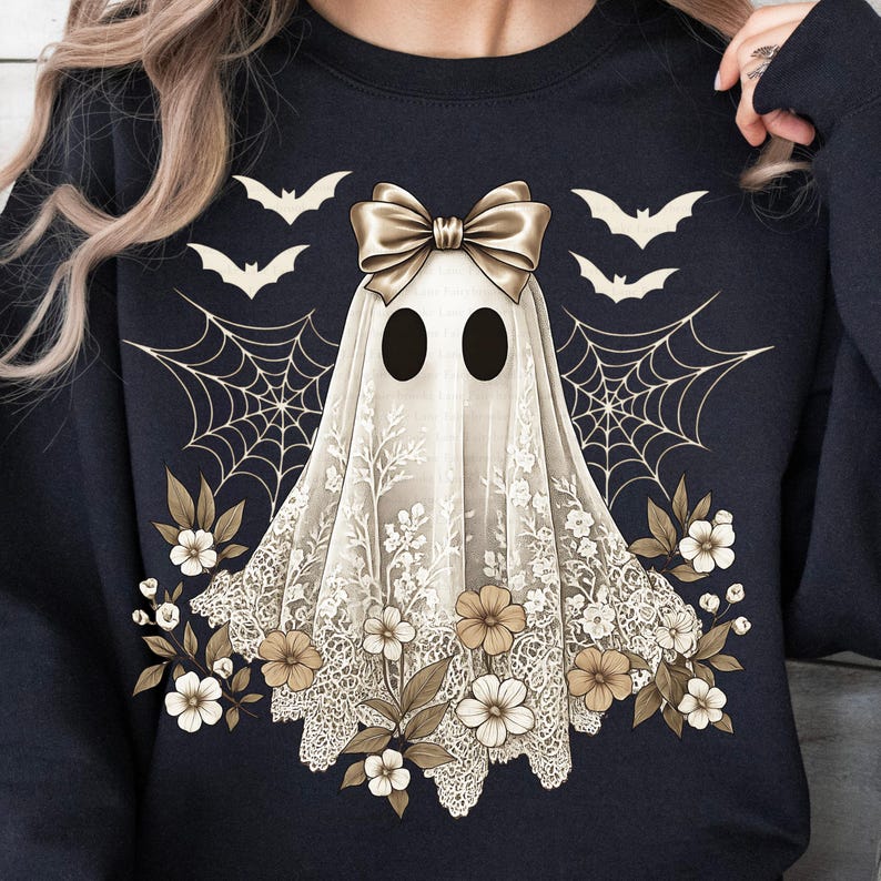 Lace ghost PNG. Cute coquette ghost with bow, flowers, spiderweb, and bats. PNG sublimation. Instant download.