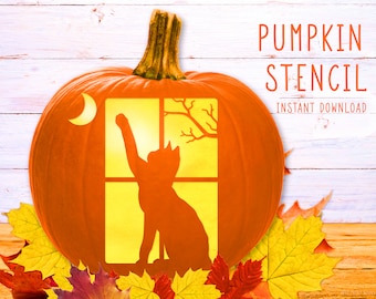 Cat Pumpkin Stencil, Halloween Cat Printable Pumpkin Stencil, Jack O' Lantern, Pumpkin Carving Template, Cat Reaching Moon, Kitty Pattern