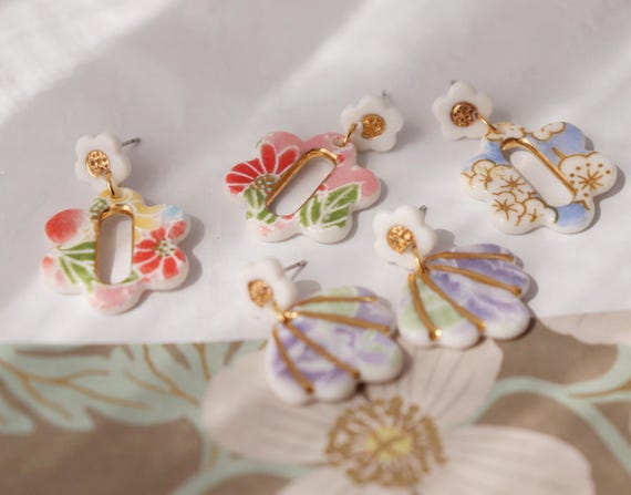 Asymmetrical two pieces assembled porcelain dangle earrings
