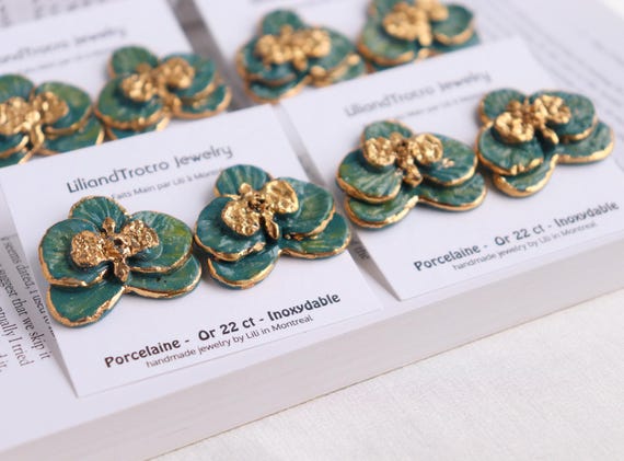Turquoise Orchild hand build  porcelain earrings
