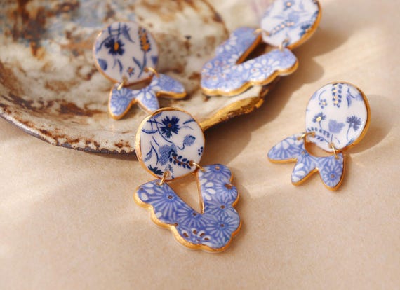 Asymmetrical two pieces assembled porcelain dangle earrings
