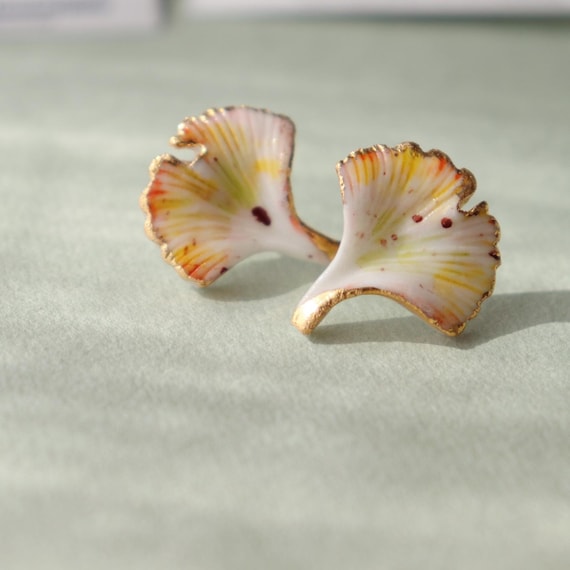 Watercolor handpainted pastel ginkgo porcelain  earrings