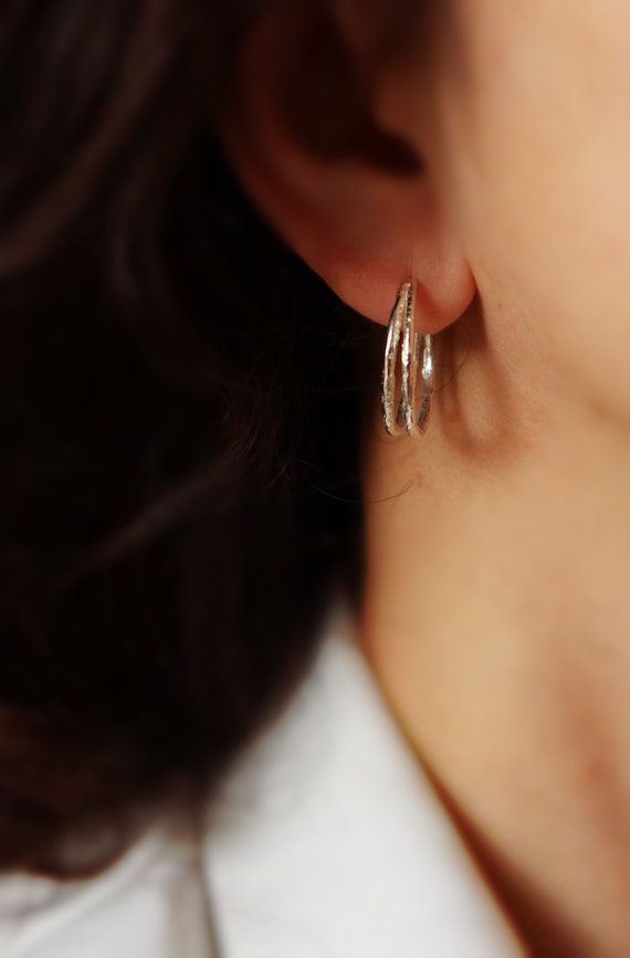 Rustic Double wired  silver hoop earrings