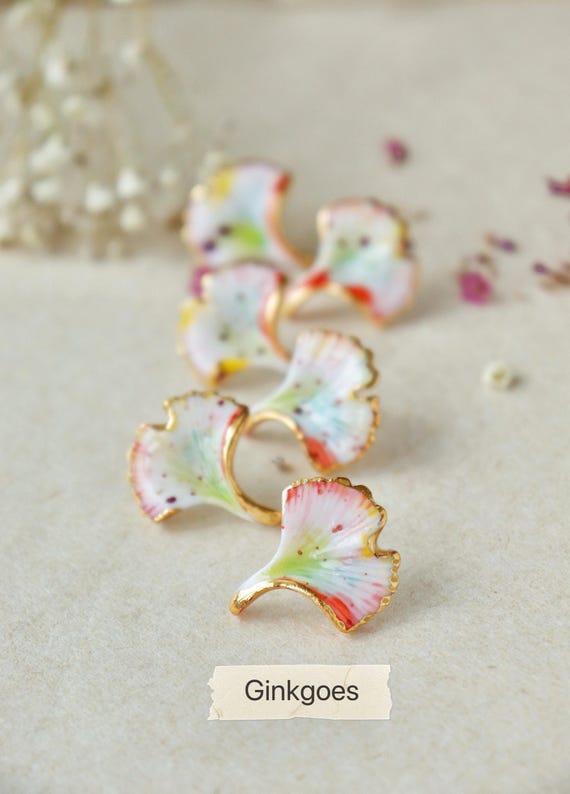 Watercolor handpainted pastel ginkgo porcelain  earrings