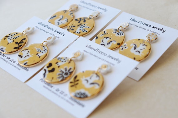 Yellow birds/squirrel  porcelain dangle earrings