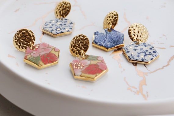 hexagon gold contoured porcelain dangling earrings