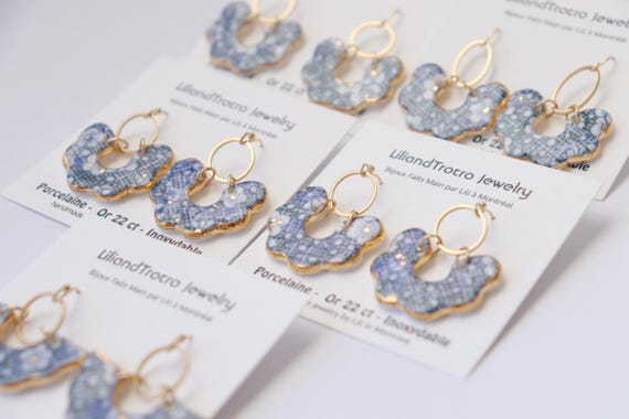 Scalloped blue pattern shaped porcelain dangle earrings