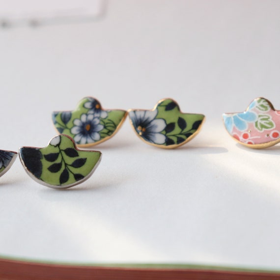 Small Japanese Minoyaki porcelain stud earrings