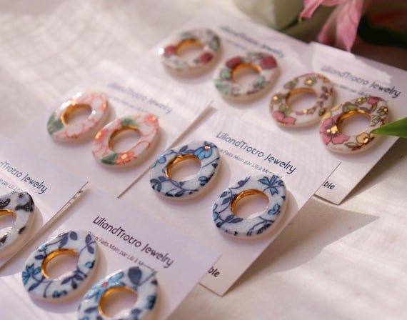 Floral cluster circle porcelain earrings