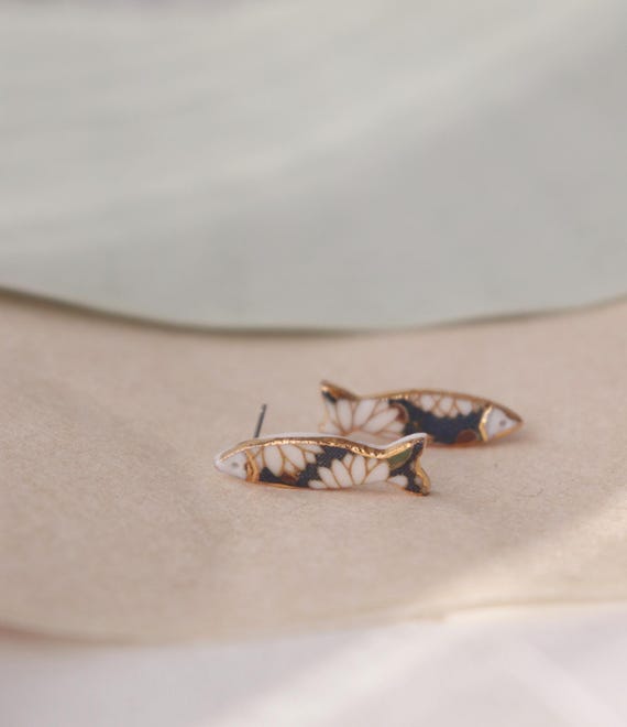 Blue porcelain Sardine fish and croissant earrings