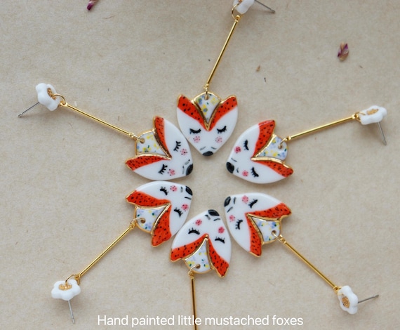 Hand painted mustached little fox  porcelain dangle earrings