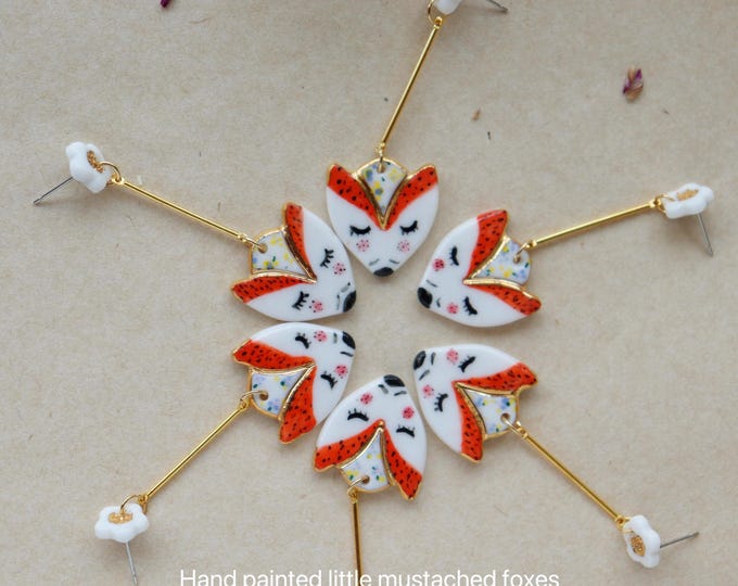 Featured listing image: Hand painted mustached little fox  porcelain dangle earrings
