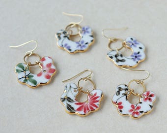 Scalloped shaped porcelain dangle earrings