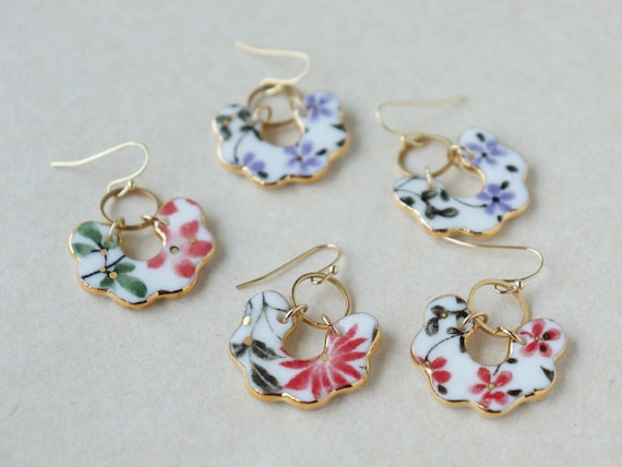 Scalloped shaped porcelain dangle earrings