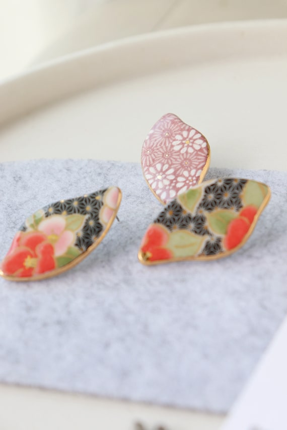 Big Japanese Minoyaki porcelain Debris inspired earrings