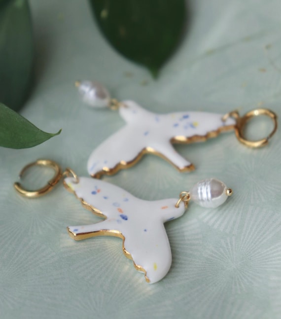 Bird porcelain dangle earrings