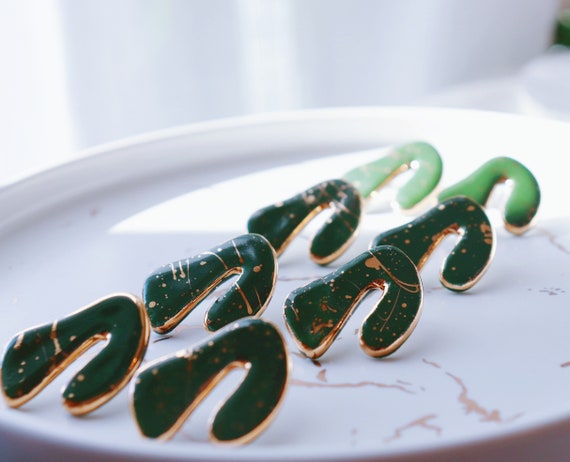 Christmas green gold splashed statement  earrings