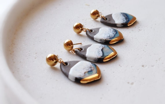 Reynisfjara Iceland black sand beach inspired porcelain dangle earrings
