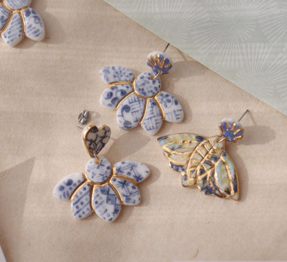 Big blue patterned  dangle porcelain  earrings