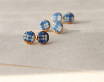 Blue plaid  porcelain button studs