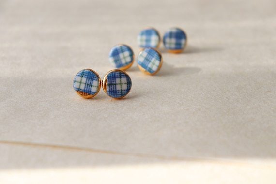 Blue plaid  porcelain button studs