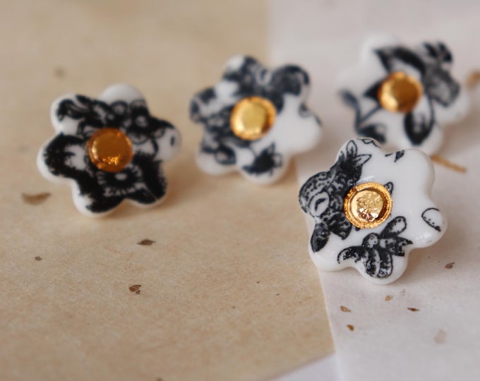 Featured listing image: Black floral pattern porcelain studs earrings