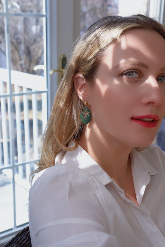 Green golden plants  porcelain dangle earrings