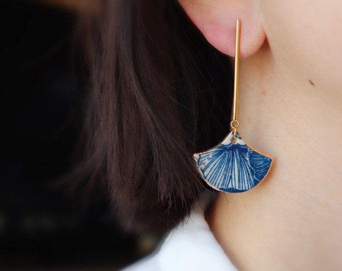Blue  Ginkgo porcelain  earrings