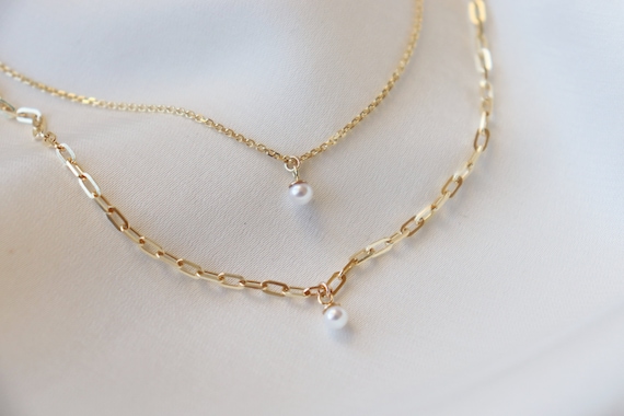 10kt/14kt solid yellow Gold minimalist natural  pearls gold necklaces