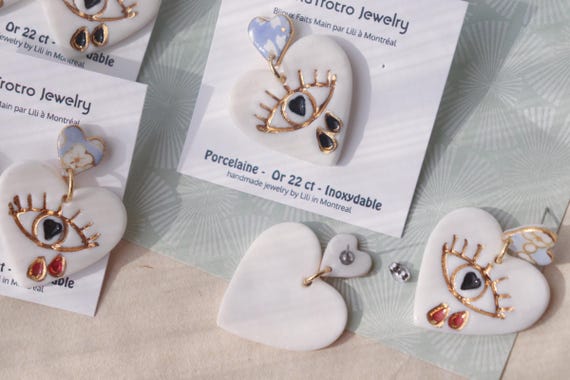 Big heart shaped dangle porcelain  earrings