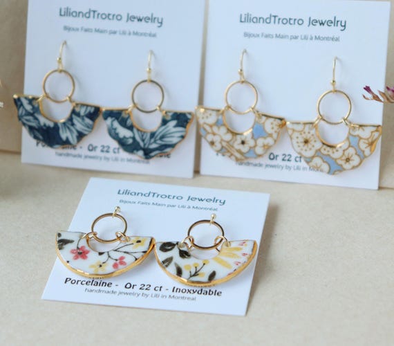 Qinghua  and peach flower porcelain dangle earrings