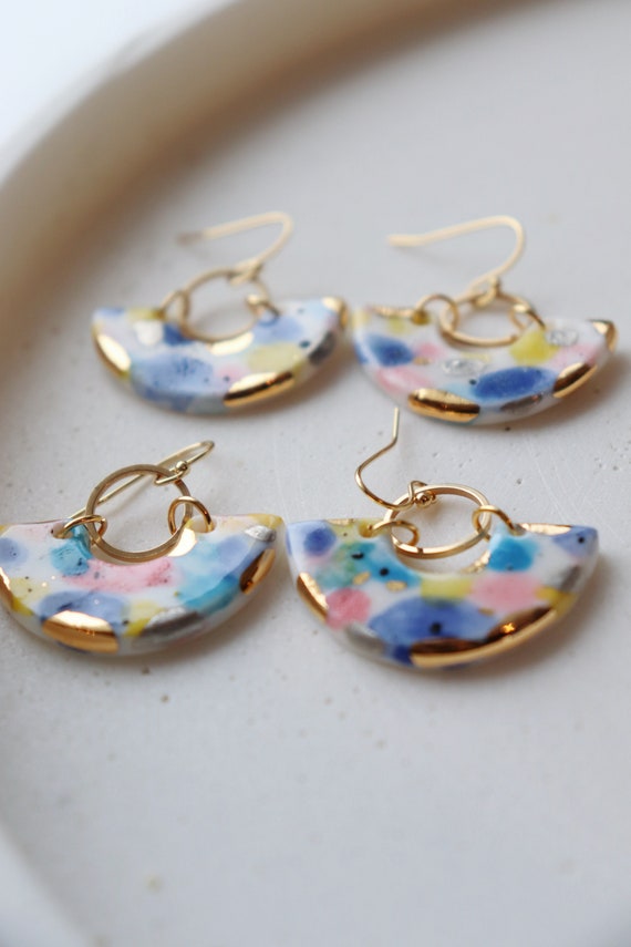 Watercolor painted porcelain dangle earrings