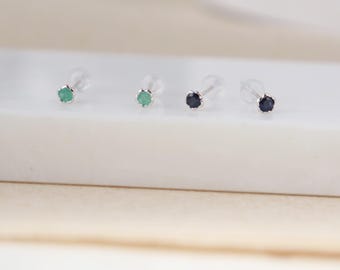 10kt Solid White gold natural Emerald Sapphire mini studs