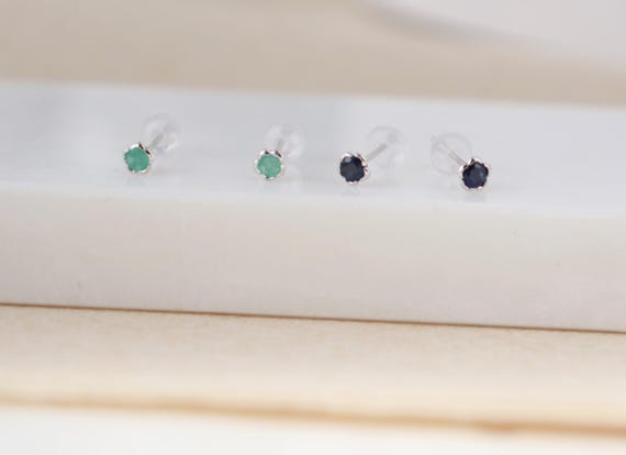 10kt Solid White gold natural Emerald Sapphire mini studs