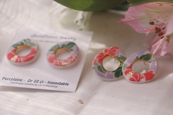Pastel  flower cluster  circle porcelain earrings