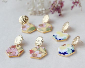 hexagon gold contoured porcelain dangling earrings