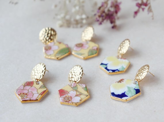 hexagon gold contoured porcelain dangling earrings