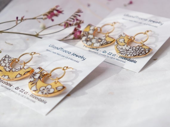 Yellow Floral cluster  porcelain dangle earrings