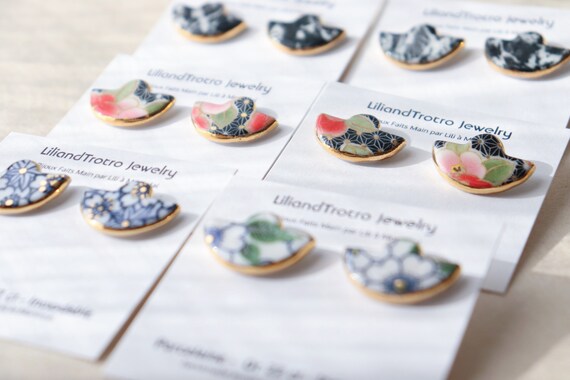 Mini Japanese Minoyaki porcelain Button earrings